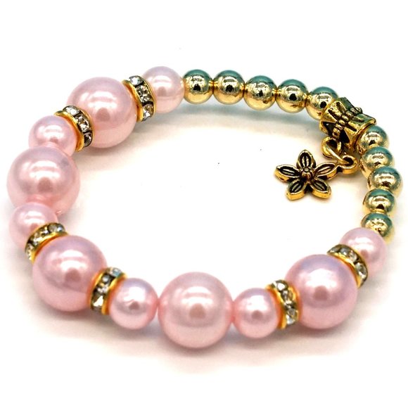 My Bead Emporium Jewelry - Bracelet Pink Pearls Gold Beads Rhinestones Daisy Charm. OS